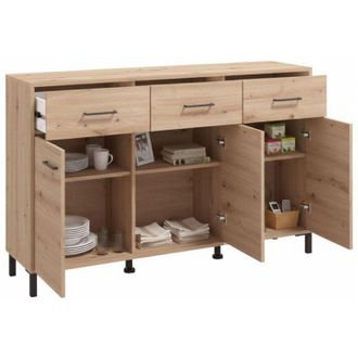 Dmora Credenza Laerru, Madia 3 Cassetti, 3 Ripiani, Apertura Battente e Scorrevole, 138x40x90h cm Marrone Rovere Nodi