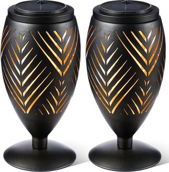 Glitzhome Set of 2 Metal Cutout Stripe Pattern Solar Powered Outdoor Lantern with LED Light in Black at Nordstrom, Size Medium
