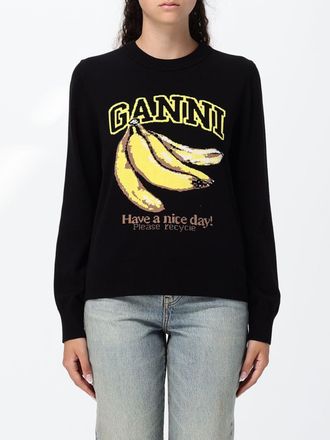 Ganni Maglia girocollo in cotone con logo jacquard e bordi a costine