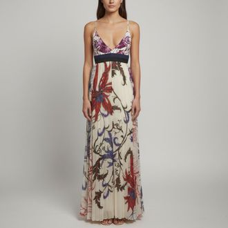 Roberto Cavalli White Floral Print Silk Crepe D&eacute;collet&eacute; Maxi Dress