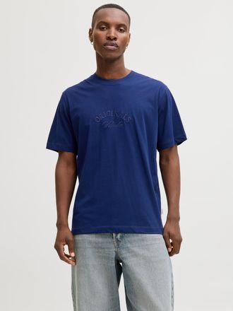 Jack & Jones T-Shirt JACK & JONES JORBLEECKER BRANDING TEE SS CN, Herren, Gr. XL, ocean cavern detail:org, Jersey, Obermaterial: 100% Baumwolle, unifarben, relaxed