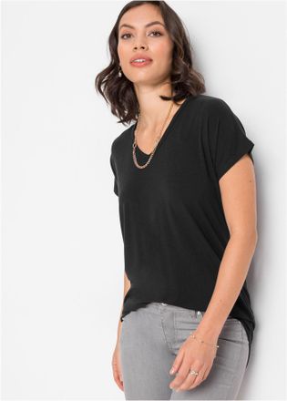 Bonprix T-Shirt BONPRIX, Damen, Gr. 56/58 (XXXL), schwarz, Jersey, Obermaterial: 64% Polyester, 32% Viskose, 4% Elasthan, unifarben, bequem, Shirts T-Shirt, b