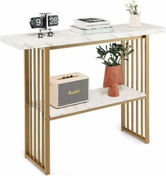 Costway Costway - 2-Tier Console Table, Modern Faux Marble Narrow Hall Desk Sofa Side Table, 120cm Long Slim Display Accent Table for Entryway, Living Room
