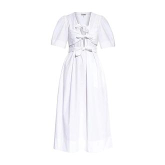 Ganni Wast Stretch Katoenen Midi Jurk met Strikbandjes - Dames - Casual kleedjes - Wit - L - Katoen - Kleedjes
