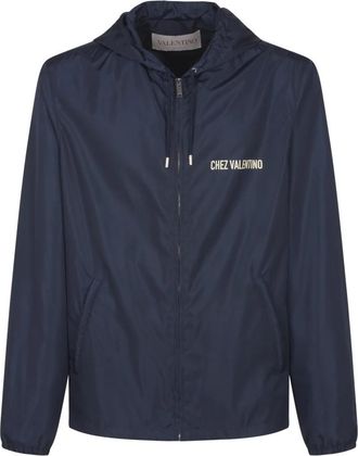 Valentino Nylon Windbreaker met Capuchon en Print - Heren - Zomerjassen - Blauw - XL - Nylon - Jassen