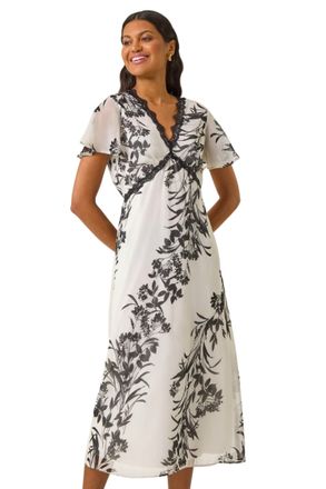 Roman Womens Lace Trim V-Neck Chiffon Midi Dress - White - Size 10 UK