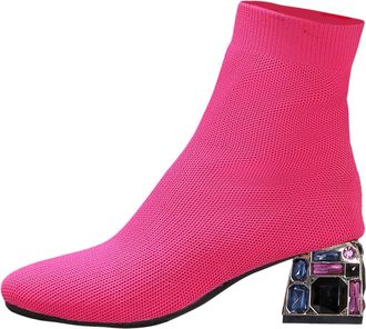 Generic Large Size Womens Knitted Stretch Ankle Boots with Square Toe and Thick Heel for Fashion Comfort (Red, 6.5)