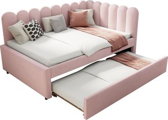 STILVORA Cama Nido 140 X 200 Cm Y 180 X 200 Cm De Terciopelo Con Dise&ntilde;o En Forma De L, Respaldo Tapizado, Sin Colch&oacute;n, Rosa