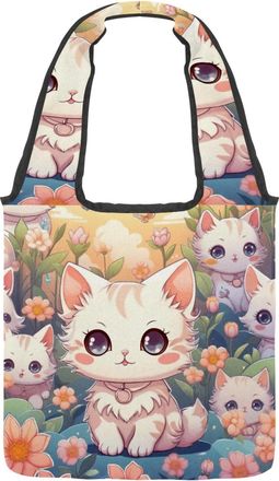Generic Colorful Cartoon Kitten Reversible Canvas Shoulder Tote - Double-Sided Print, 12oz Cotton, 27cm Drop, Fold-Flat Bag for Travel, Shopping, Street Outin