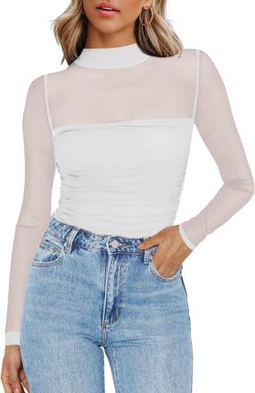 Zeagoo Mesh Tops for Women Long Sleeve Roll Neck Going Out Top Sexy Clubwear Transparent T-Shirt See Through Sheer Sleeve Blouse White XXL