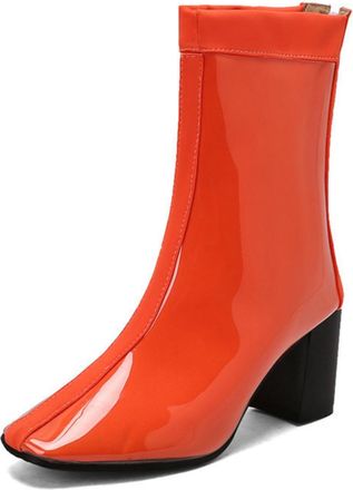 Generic Womens Square Toe Patent Leather Ankle Boots Chunky Heel Casual Booties with Side Zip,Orange,1.5 UK