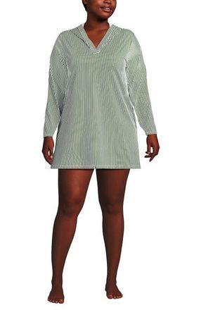 Lands End Cotton Jersey Long Sleeve Hooded Swim Cover-up Dress in Fusion Green Mini Stripe at Nordstrom, Size 3 X