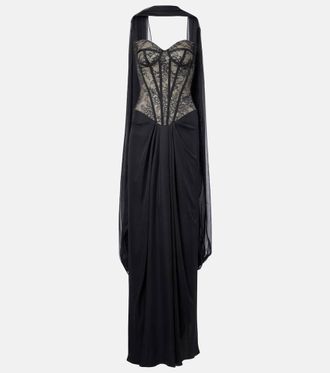 Monique Lhuillier Scarf-detail draped lace gown