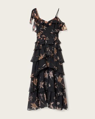 AllSaints Polyester Sienna Ruffle Maxi Dress, Size: UK 10/US 6