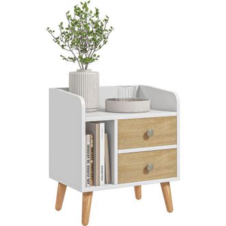 HOMCOM Homcom - Mesita De Noche Mesilla De Noche Con 2 Cajones Grandes Y 1 Estante Abierto Y Patas Elevadas De Pino Dise&ntilde;o N&oacute;rdico Para Sal&oacute;n Dormitorio 43x3