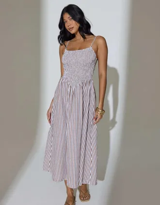 South Beach Vestito lungo a punto smock marrone a righe