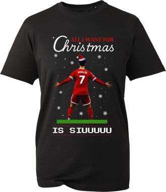 Generic All I Want for Christmas is Siuu T-Shirt Funny Ronaldo Football Xmas Tee Soccer Manchester Fan Gift United Unisex Kids Adults Festive Top (Black, XL)