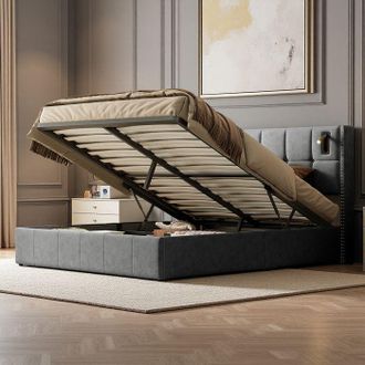 OEM Cama 160x200 Cm, Ytt, Decoraci&oacute;n De U&ntilde;as De Cobre, L&aacute;mpara, Hidr&aacute;ulica, Cama Doble, Marco De Cama Para Adultos 160x200 Cm, Terciopelo, Gris