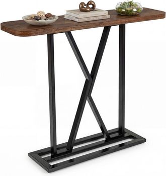 Costway 100cm Rectangular Console Table with Geometric Metal Frame Rustic Brown