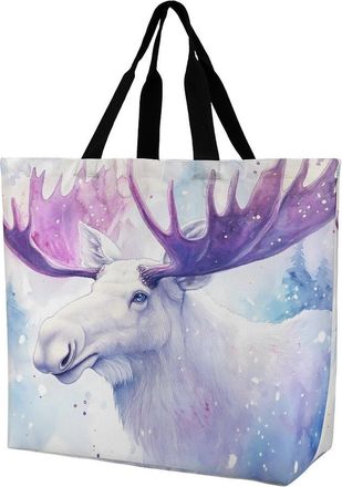 Generic Moose with Purple Antlers Reusable Shopping Bags One Shoulder Grocery Tote Bag Waterproof Big Purse for Work Travel