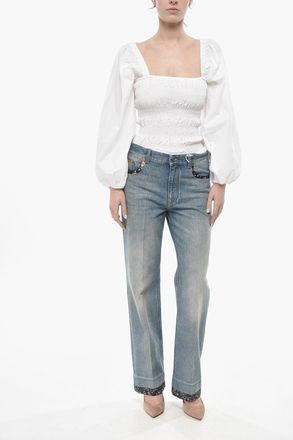 Valentino Jeans Straight Fit in Cotone con Bordi Motivo Floreale 21cm Valentino
