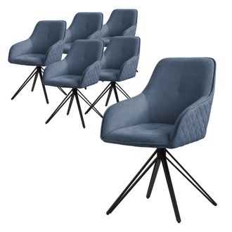 ML Design Ml-design Set 6x Silla De Comedor Giratoria Con Respaldo Y Reposabrazos Asiento Azul De Tela Tejida Tapizado Con Patas De Metal Sill&oacute;n Dise&ntilde;o Ergon&oacute;mi
