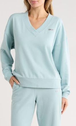 DKNY Metallic Logo V-Neck French Terry Sweatshirt in Mineral at Nordstrom Rack, Size X-Small