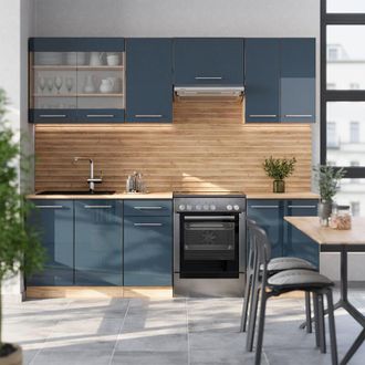 Vicco Mueble De Cocina Fame-line, Azul Oscuro Alto Brillo/roble Dorado, 240 Cm, Et Antracita