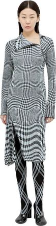 Burberry Asymmetrische Houndstooth Midi Jurk met Kraag - Dames - Casual kleedjes - Grijs - S - Wol - Kleedjes