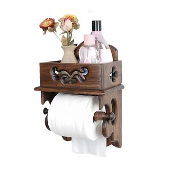 No Brand Portarrollos De Papel Higi&eacute;nico Vintage De Madera Maciza Con Almacenamiento - Montaje En Pared - Estante De Almacenamiento Para Ba&ntilde;o - 28x17 Cm