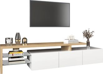 STILVORA Mueble Tv Con 3 Armarios, Estantes De Vidrio Y Led 7 Colores, Blanco Brillo, En Mdf, Natural, 197,5&times;39&times;42 Cm