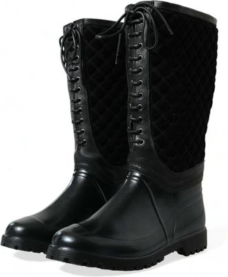 Dolce & Gabbana Mens Black Chioggia Rubber Suede Rain Boots Shoes Calfskin Leather Pvc
