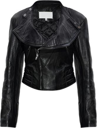 Maison Margiela Folded Collar Leren Jas - Dames - Leren en Su&egrave;de Jassen - Zwart - XS - Katoen - Jassen