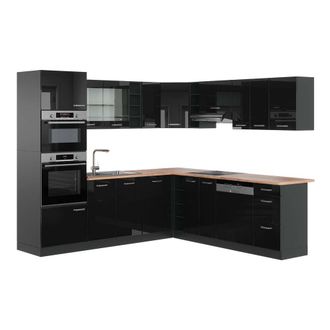 Vicco Cocina Esquinera R-line, Negro/antracita De Alto Brillo, 237 X 247 Cm, Et Roble