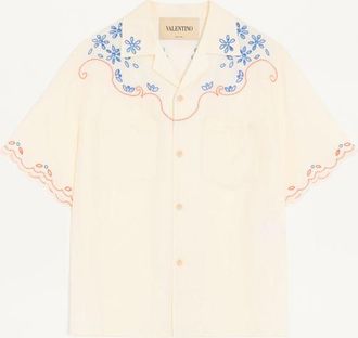 Valentino Valentino Linen Bowling Shirt In San Gallo With VLogo Embroidery Man LATTE 48