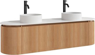 Vente-Unique Mueble de ba&ntilde;o suspendido estriado con doble lavabo sobre encimera redondo estriado y grifo - Natural claro - An. 180 cm - LILIKO