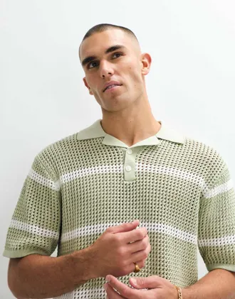 B&eacute;lier Polo in maglia alluncinetto a righe color salvia e bianco-Verde