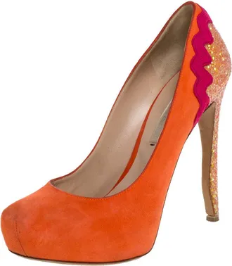 Nicholas Kirkwood Orange Suede And Coarse Glitter Heel Platform Pumps