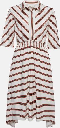 Maje White/red Striped Gabardine Asymmetric Midi Dress