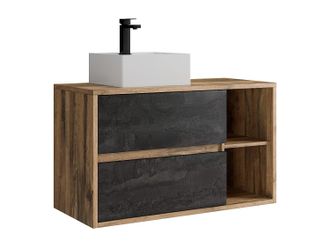 Vente-Unique Mueble de ba&ntilde;o suspendido con lavabo cuadrado y grifo - Color natural y antracita - 100 cm - TIKITIKI