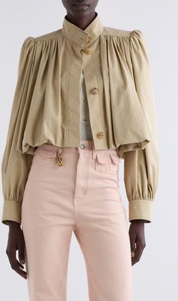 Chloé Puff Sleeve Gathered Cotton Gabardine Crop Jacket in Smoky Beige at Nordstrom, Size 10 Us
