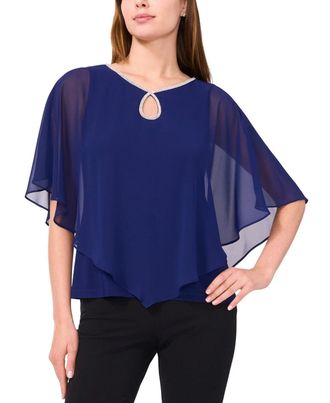 MSK Msk Top Womens Midnight Rhinestone Keyhole Flutter Sleeve Blouse PAL32