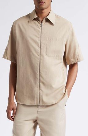 Givenchy Embroidered Logo Short Sleeve Zip Shirt in Beige at Nordstrom, Size Xx-Large