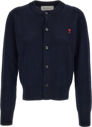 Ami Blue Ami De Coeur Merino Wool Crewneck Cardigan