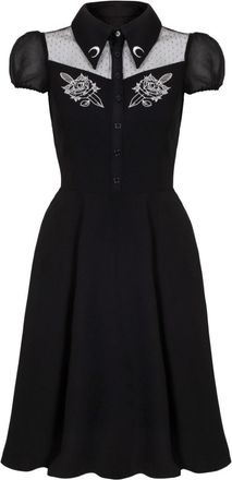 Hell Bunny Roesi Midi Dress Shirt Western Goth Moon Floral Embroidered Polka Dot, Black, S