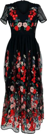 Maje Raphael Floral-Embroidered Midi Dress in Black Polyester