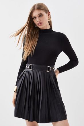 Karen Millen Knitted Top Pleated Skater Dress in Black at Nordstrom, Size X-Small