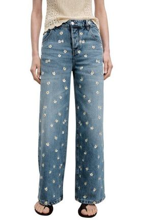 Mango Massy Daisy Embroidered Wide Leg Jeans in Medium Blue at Nordstrom, Size 4