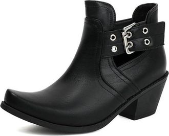 Generic Womens Fashion Buckle Cutout Chelsea Square Toe Chunky Heels Ankle Boots Slip On Comfort Casual Vintage Shoes (Black,7.5)