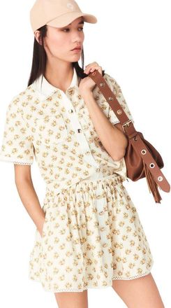 Maje Patterned shirt with croquet trim in Yellow Small Flowers Print at Nordstrom, Size X-Small